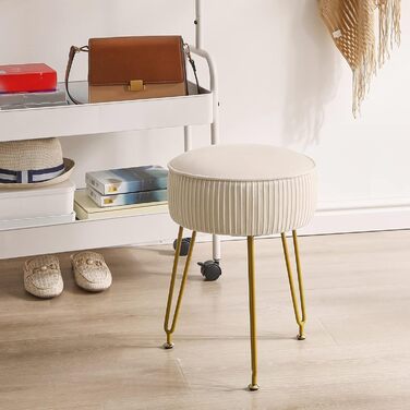 Оксамитова кругла підставка для ніг, бічний столик для макіяжу, оксамитове сидіння для туалетного столика, пуф-табурет, золотисті сталеві ніжки, кремово-білий колір L/G-30M без місця для зберігання, кремово-білий