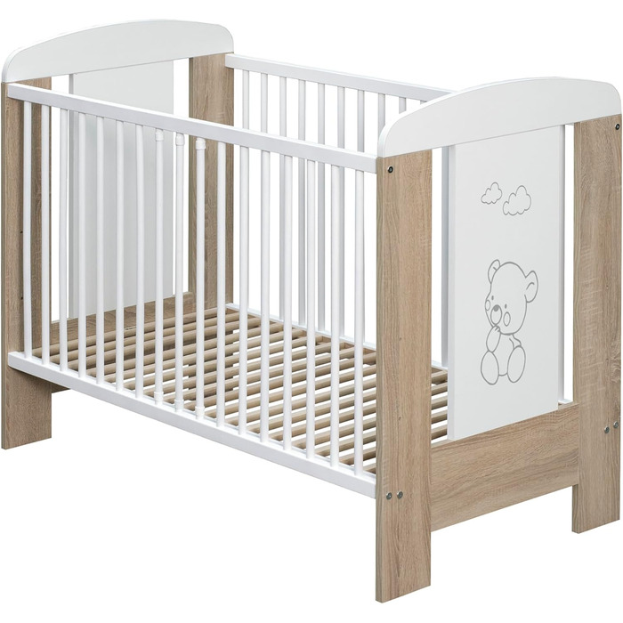 Дитяче ліжечко/ліжечко для малюків 120x60 см з масиву бука регульована висота в 3 напрямках, 3 знімні перекладини, перевірено EN 716 білий/сонома, ведмедик Модель Kamil