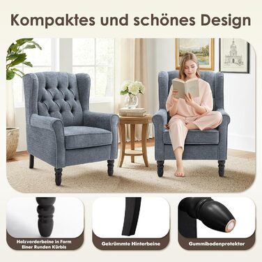 Крісло для вітальні COLAMY у стилі середини століття, м&39яке крісло з вигнутою спинкою та прошивкою ґудзиками, крісло для відпочинку з тканинним чохлом та ніжками з масиву дерева для вітальні, офісу, кафе - синє, комплект з