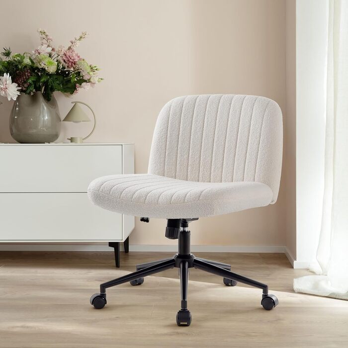 Офісне крісло IWMH без підлокітників, регульоване по висоті поворотне крісло з колесами, письмове крісло з оббивкою з тканини Teddy, крісло для читання з ширшою подушкою для сидіння зі схрещеними ногами (біле з колесами) Teddy White з колесами