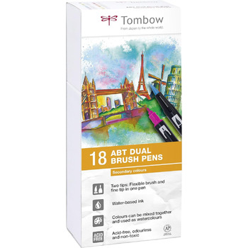 Ручка з двома щітками Tombow ABT-18P-2 Fiber Pen з двома наконечниками, набір 18 шт. , додаткові кольори