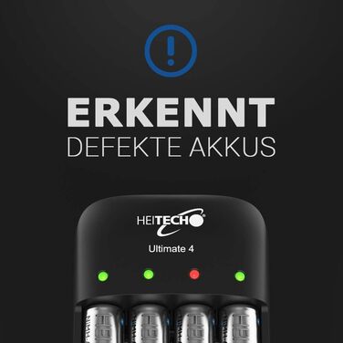 Зарядний пристрій HEITECH Ultimate на 4 батареї - Зарядний пристрій на 4 батареї для заряджання батарей та акумуляторів - Швидкий зарядний пристрій для батарей AAA, AA та 9V NiMH - Зарядний пристрій