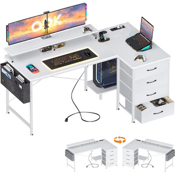 Кутовий стіл ODK білий, стіл L-подібної форми з 4 шухлядами, 140x80x84.7 см, стіл L-подібної форми двосторонній з портом для заряд