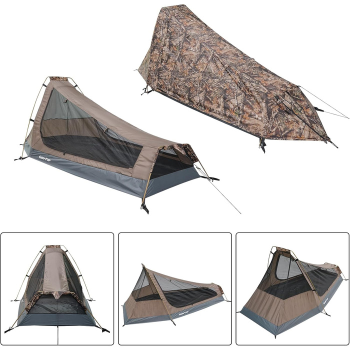 Намет-бівак GEERTOP на 1 особу, бівак-мішок, трекінговий намет, кемпінговий намет, міні-пакет, легкий, на 3-4 сезони для кемпінгу, походів, подорожей та скелелазіння на свіжому повітрі, реалістичний камуфляж, на 1 особу