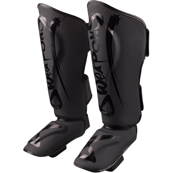 ЗБРОЇ Щитки для гомілок Unlimited 2.0, матово-чорні, для тренувань та змагань, високоякісна синтетична шкіра та ідеальна амортизація, муай-тай, K1, MMA, карате та кікбоксинг, 8