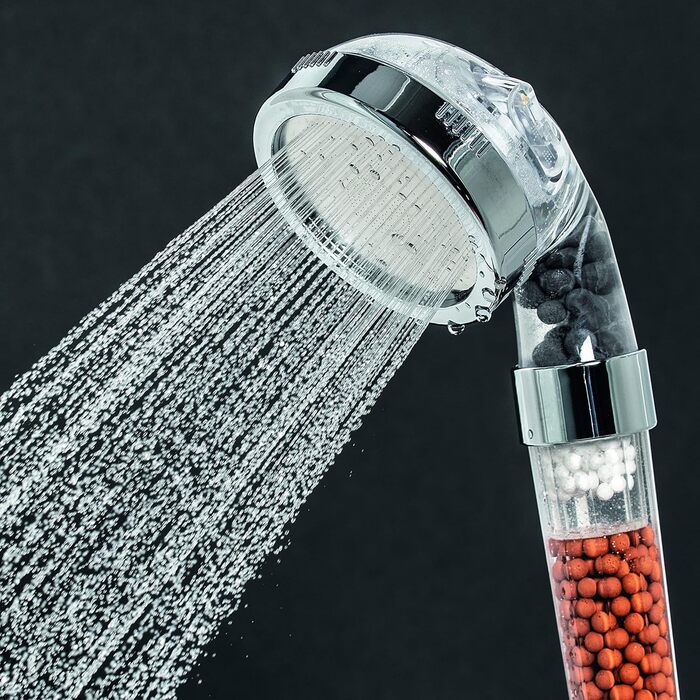 Лійка для душу EASYmaxx Wellness з мінеральними кульками та 3 режимами струменя води Зберігає 30 води за рахунок збільшення напору води приблизно на 50. 344 мікронасадки, функція природного фільтра для води, для всіх зєднань 1/2 дюйма