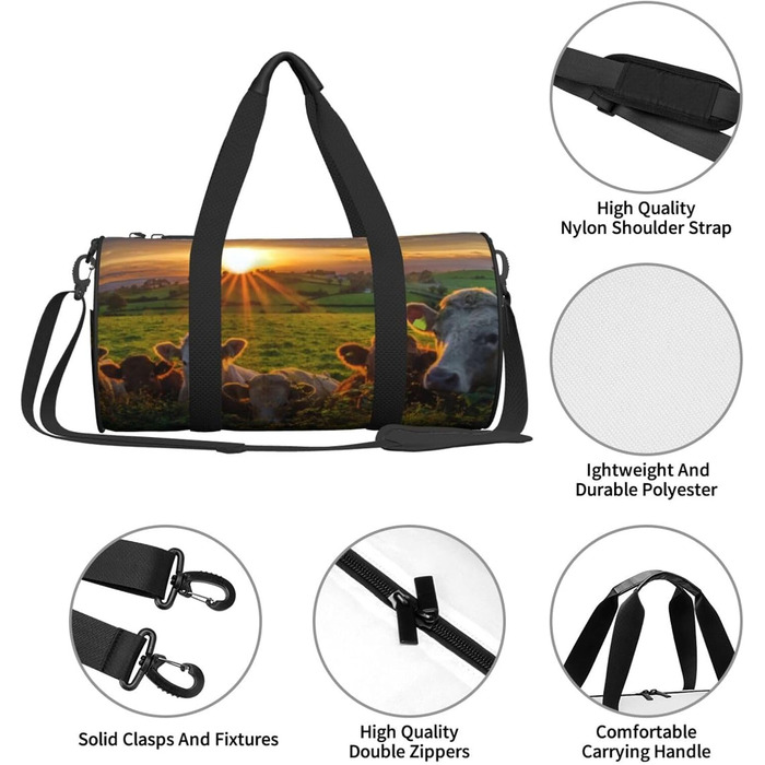 Спортивна сумка, дорожня сумка, сумка для подорожей, з принтом корівки, сумка на нічліг, чорна, універсальний розмір