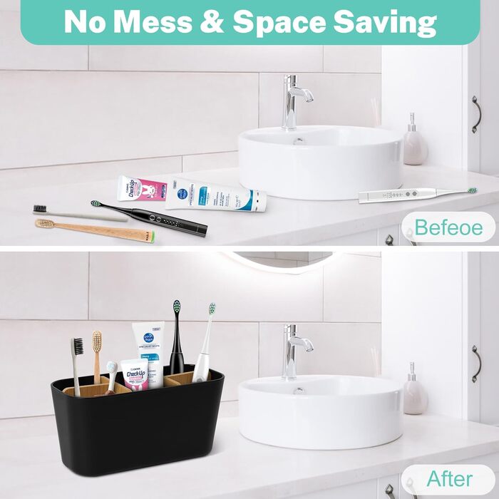 Тримач для зубних щіток Votoko, Пластиковий тримач для зубних щіток з бамбуковими перегородками, Підставка для зубних щіток з 4 ві