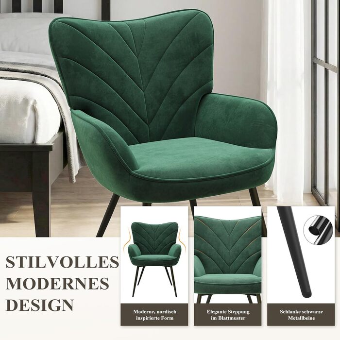 Крісло для вітальні COLAMY, оксамитове м&39яке крісло-реклайнер з високою спинкою, м&39яке комфортне крісло з дизайном відкидної спинки, крісло для відпочинку з дерев&39яними ніжками для вітальні, куточок для читання, зелений зелений 1