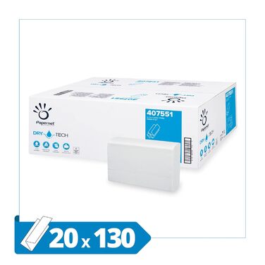 Паперові рушники DRYTECH Z-подібного форми, целюлоза, хвилеподібне тиснення, 2-шарові, білі (упаковка 2600 шт.) 130 аркушів (упаковка з 20) Паперові рушники Dry Tech Z-подібного форми, 407551