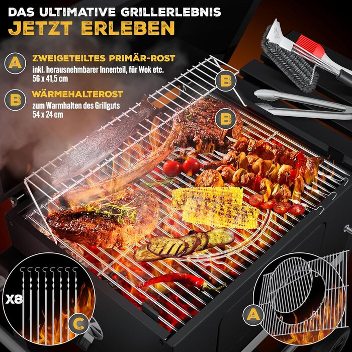Вугільний гриль KESSER BBQ Smoker XL з кришкою, колесами, ручкою з нержавіючої сталі, термометром, решіткою для гриля, щіткою, кришкою, 8 шампурами з пакетом і силіконовою щіткою, окремо стоячим грилем, візком для вугільного гриля