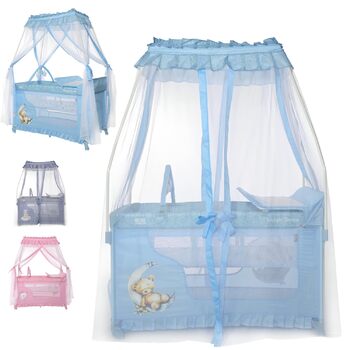 В-1 Дитяче ліжко та манеж, Ліжко-балдахін Magic Sleep з 2 рівнями, Дитяче ліжко від народження, Ліжко для подорожей, Пеленальний килимок, Колеса, Сумка, Світло-блакитний, 3-