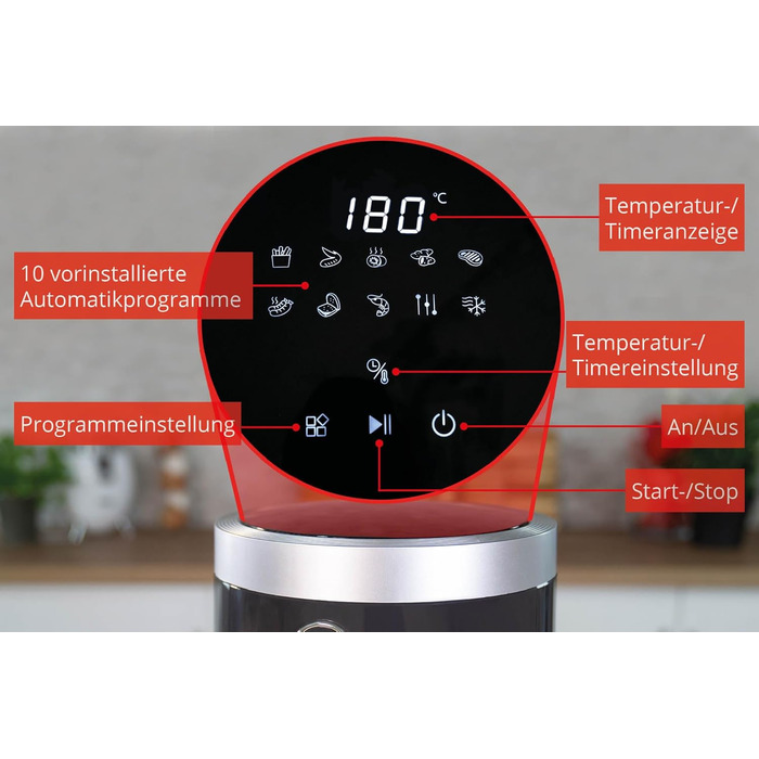 Скляна фритюрниця BPA-Free - фритюрниця, 1,200 Вт, світлодіодний сенсорний екран, 10 автоматичних програм для, гриля, приготування, смаження, зневоднення, випічки, нагрівання, розморожування або смаження - без олії, 58695