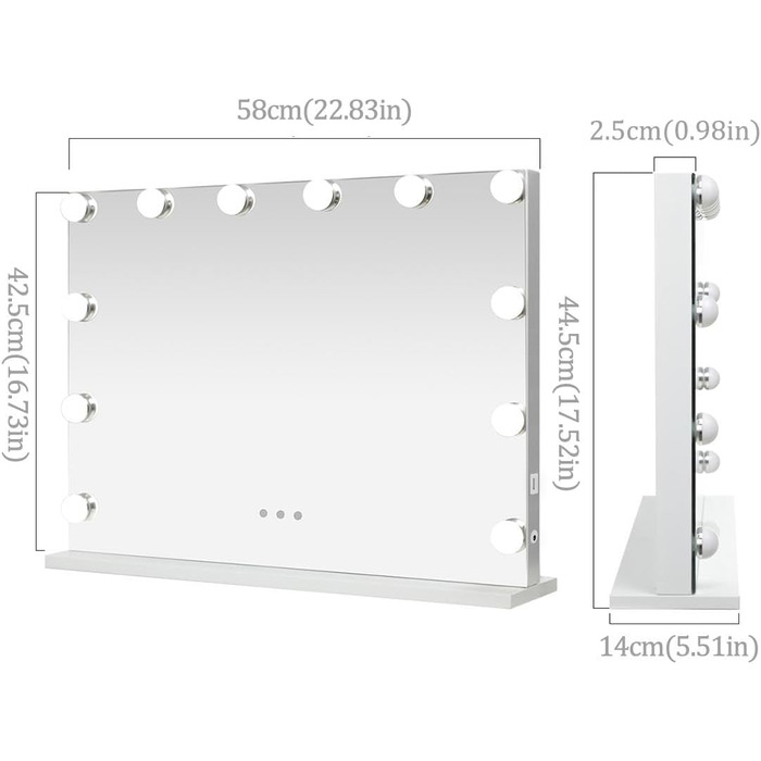 Голлівудське дзеркало для макіяжу з 15 лампочками з регулюванням яскравості велике дзеркало для макіяжу 58X46 см з освітленням інтелектуальний сенсорний екран з регулюванням яскравості театральне дзеркало настільне дзеркало біле 46L x 58B см