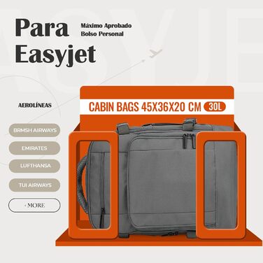 Рюкзак EasyJet для ручної поклажі, 30 л, 45x36x20 см, дорожній рюкзак для ноутбука 15,6 дюймів із захистом від крадіжки для чоловіків та жінок, темно-сірий, Easyjet 45x36x20 см 30 л