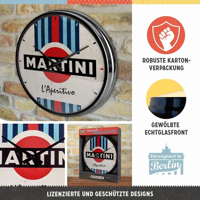 Ретро-настінний годинник Nostalgic-Art, Ø 31 см, Martini L'Aperitivo Racing Stripes ідея для подарунка, аксесуар для бару, оригінальний ліцензійний продукт (OLP), великий кухонний годинник у вінтажному дизайні