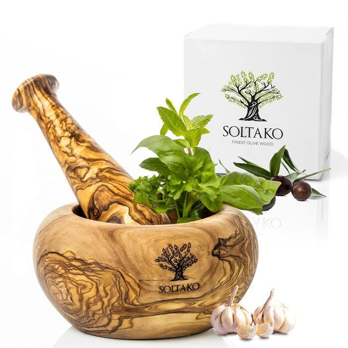 Набір розчинів і пестликів SOLTAKO з оливкового дерева - Ступка - Дерев'яна ступка - Екологічна трава, Розчин для спецій Ø Діаметр