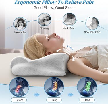 Подушка для шиї, подушка з піни з ефектом пам&39яті, ергономічна ортопедична подушка для голови, подушка з в&39язкопружної піни для сну на боці, на спині та на животі, подушка для підтримки шиї, подушка з піни з ефектом пам&39яті, 60x38x12 см