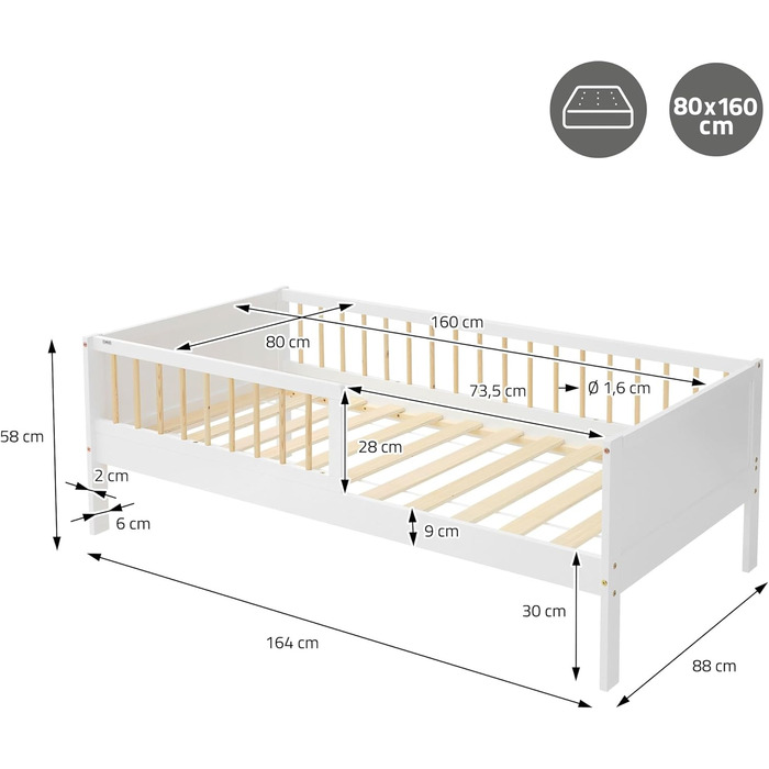 Дитяче ліжко ML-Design 80x160 см Біло-Натуральний, Односпальне ліжко для дітей з рейковою основою та захистом від падіння, Дитяче ліжко з сосни, Дерев&39яний каркас ліжка для хлопчиків та дівчаток, Дитяче ліжко з масиву дерева, Ліжко для малюків 80 x 160 