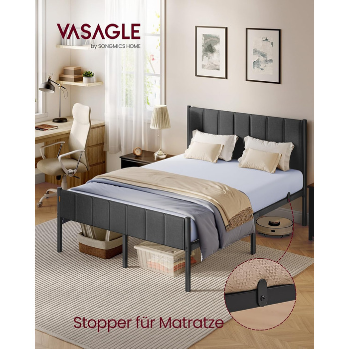Каркас двоспального ліжка VASAGLE, каркас ліжка, 140 x 200 см, з м&39яким узголів&39ям, каркас ліжка, сталеві ламелі, витримує навантаження до 500 кг, легке складання, колір &quotсланцево-сірий&quot RMB974GN01 140 x 200 см, колір &quotсланцево-сірий&quot
