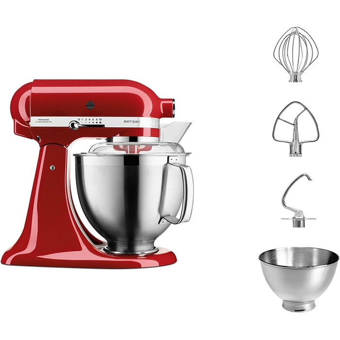 Кухонна машина KitchenAid Artisan з відкидним змішувачем міксер для тіста з 2 чашами та 3 аксесуарами з нержавіючої сталі, 4.8 л, колір Empire Red