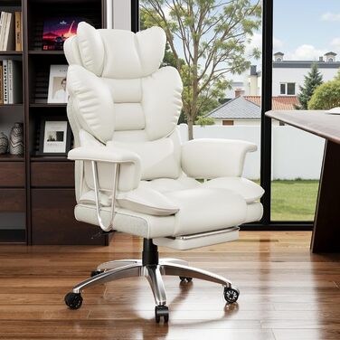 Ергономічне офісне крісло з висувною підставкою для ніг, регульоване по висоті робоче крісло, велика м&39яка спинка, індивідуальна поперекова підтримка, крісло керівника зі штучної шкіри, білий колір з підставкою для ніг