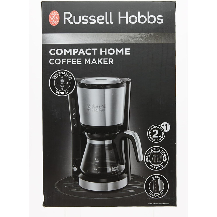 Кавоварка Russell Hobbs Mini душова лійка для оптимальної екстракції та аромату Компактна (макс. 5 чашок, скляний глечик 0,6 л, з постійним фільтром, нагрівальна плита) компактна кавоварка з фільтром мала 24210-56 Міні-кавоварка одинарна