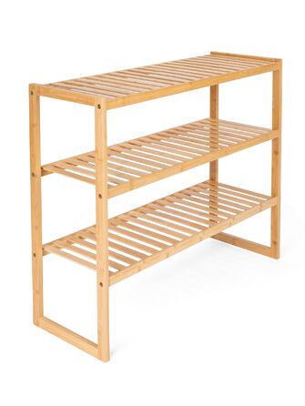 Бамбукова полиця для взуття, штабелювана полиця для ванної кімнати та кухні, натуральне покриття, 3-рівнева полиця з системою вставок, компактна, розміри Ш/Г 75x26x62 см