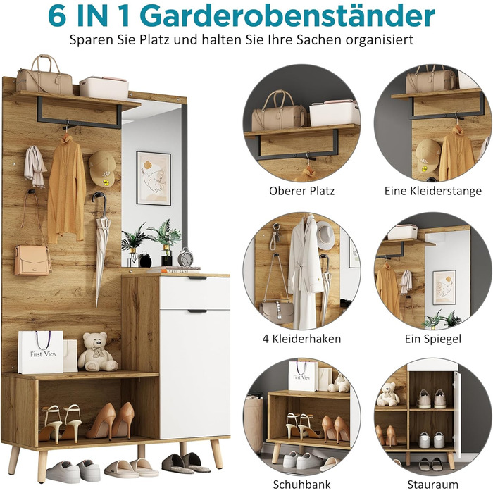 Шафа для одягу Ymkua настінна, шафа для передпокою з лавкою для взуття, дзеркалом і тумбою для взуття, шафа для одягу з 4 гачками