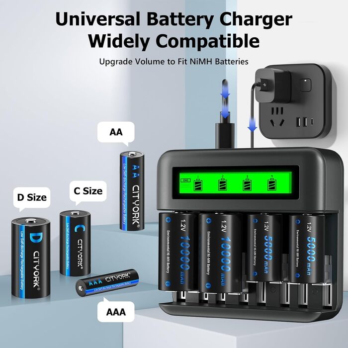 Акумуляторні батареї CITYORK C Cell 5000mAh з 8 слотами для зарядного пристрою Ni-MH акумуляторів AA AAA CD (зарядний пристрій та 6 батарейок Baby C)