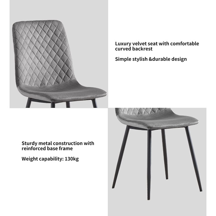 Комплект із 2 дизайнерських обідніх стільців з оксамитової тканини, металеві ніжки, стільці Lexi (світло-сірий)