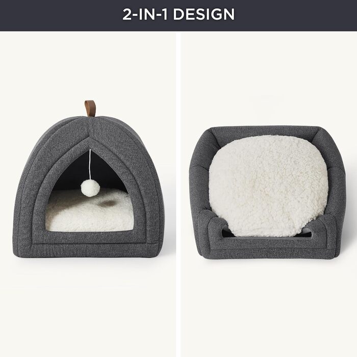 Котяче ліжко BEDSURE для великих котів, котяча печера - 40x40x40 см для приміщень зі знімною подушкою для котів шерпа та підвісною іграшкою, котяче ліжко, яке можна прати, темно-сіре