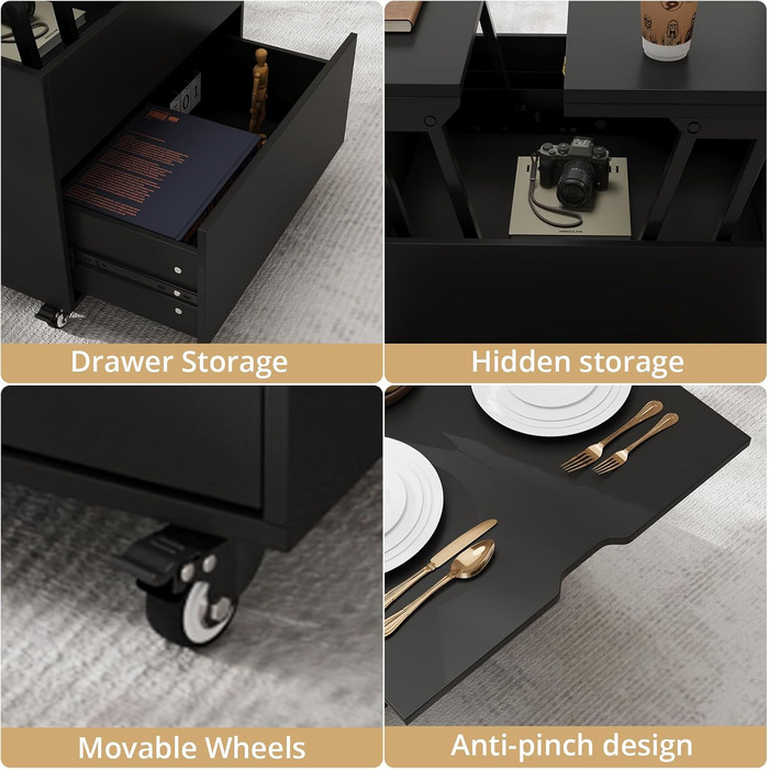 Журнальний столик VOWNER з регульованою висотою, багатофункціональний журнальний столик 3-в-1, який можна перетворити на стіл для вітальні/обідньої кімнати, журнальний столик із прихованим місцем для зберігання, 120Д x 60Ш x 68В см (чорний)