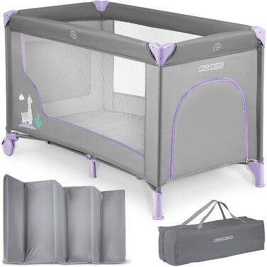 Дитяче ліжечко Ricokids з матрацом 125 x 65 x 78 см, дорожнє ліжечко, вагою до 15 кг, 2 колеса з гальмами, знімний бічний вхід, сумка для перенесення, складна, компактна, світло-сіра, лавандова