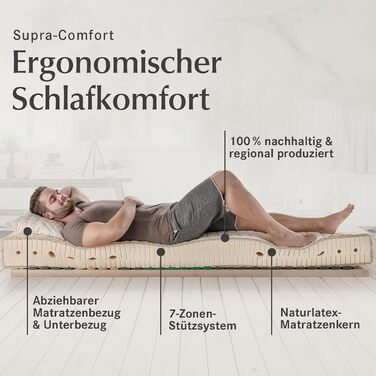 Матрац allnatura Supra-Comfort з натурального латексу - Ортопедичний матрац 90x200 см, М&39який (H2), Висота 16 см - 7-зонна система підтримки - Виготовлено в Німеччині зі 100 натурального каучуку - Преміальний гігієнічний чохол для чоловіків 90 x 200 H2 