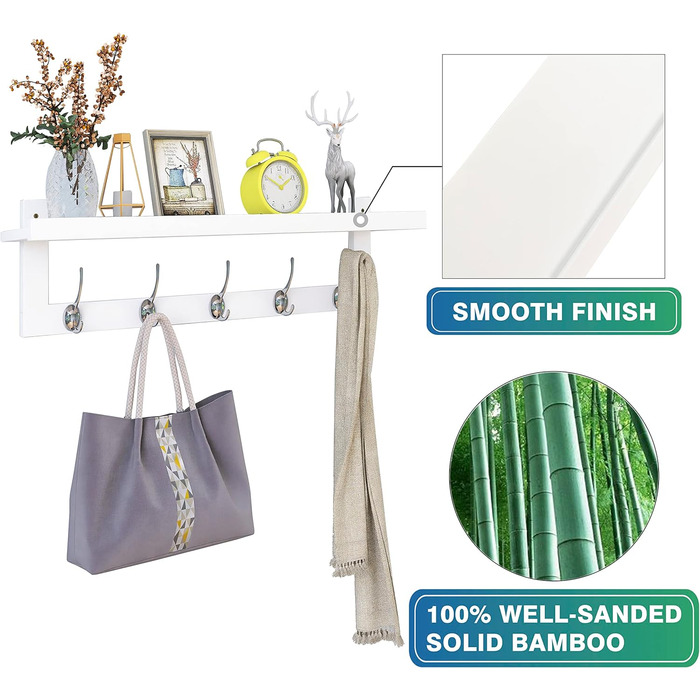 Вішалка для одягу SMIBUY з полицею настінна, вішалка для одягу 74 см для вхідної зони на стіну, бамбукова підвісна полиця з 5 подв