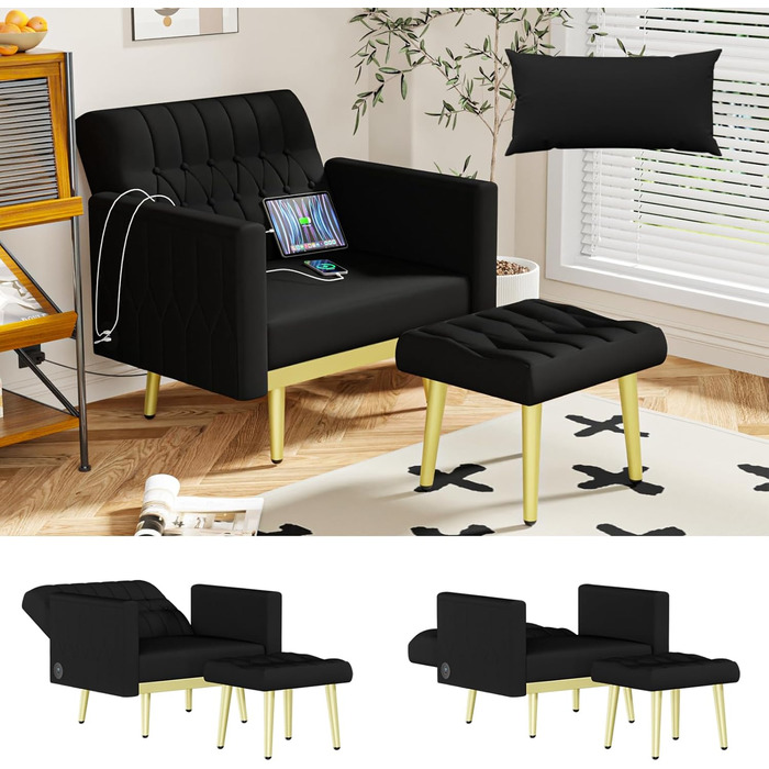 Крісло з відкидною спинкою та підставкою для ніг, 2 зарядні порти, зручне крісло для відпочинку, крісло для читання у вітальні, крісло для телевізора, м&39яке крісло, крісло-реклайнер, вантажопідйомність до 159 кг, оксамит (чорний)