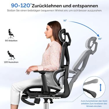 Ергономічне офісне крісло, стілець для роботи з підставкою для ніг, регульована спинка 90-120, поперекова підтримка, підлокітники з 4D PU, міцні металеві ніжки, надзвичайно широка подушка, темно-сірий колір, підходить для дорослих.