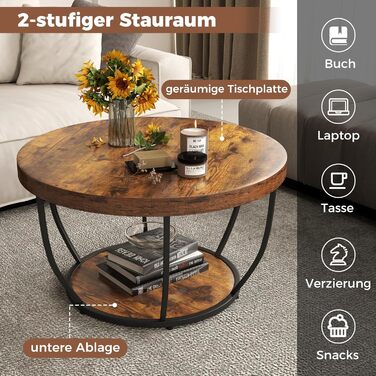 Круглий журнальний столик COSTWAY, дерев&39яний диванний столик з 2 ярусами та металевим каркасом, журнальний столик для вітальні діаметром 80 см для вітальні, приймальні, офісу (рустикально-коричневий)