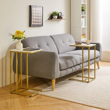 Комплект із 2 приставних столиків для вітальні, приліжковий столик, столик для ноутбука, приставний столик до дивана, підходить для спальні, вітальні, дерев&39яні дошки кольору білого мармуру із золотим металевим каркасом, YD-TM051G-2 2 білі мармурові та 