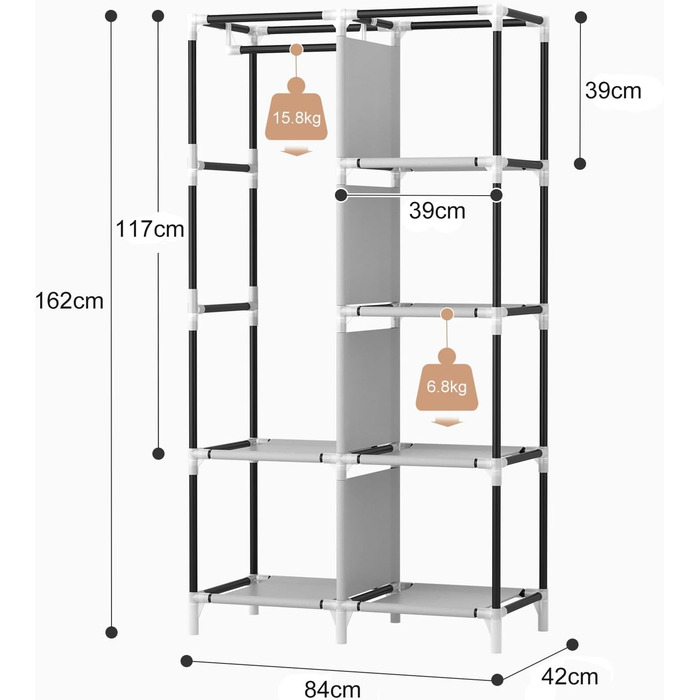 Шафа, тканинна шафа з вішаком для одягу, 6 полицями, 4 боковими кишенями та кришкою, міцна шафа для гардеробної спальні (чорна, 84 x 42 x 162 см)