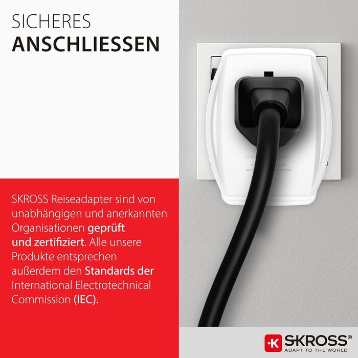 Універсальний дорожній адаптер SKROSS (2-полюсний) з портами USB-A та USB-C, компактний перехідник для ноутбуків із кабелем USB-C