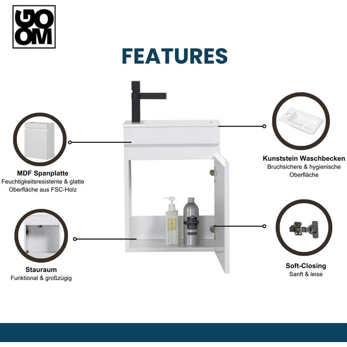 Набір гостьового туалету GOOM 40 см Меблі для ванної кімнати Попередньо зібраний невеликий умивальник з нижньою тумбою (умивальник, білий)