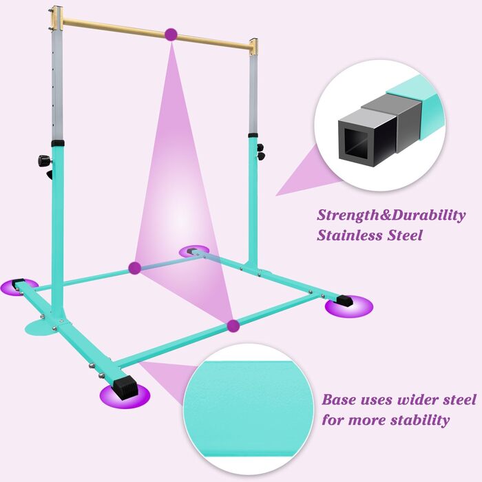 Гімнастичний гриф HomeSun для дітей, міцний нахилений гриф з кільцями, горизонтальний гімнастичний гриф для домашніх тренувань, регульована висота 90-150 см, тренажер до 100 кг, вік 3-15 років, бірюзовий