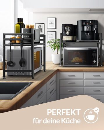 Полиця для мікрохвильової печі, кухонна полиця, стояча, сталь (2-рівнева) Полиця для мікрохвильової печі, шафа для мікрохвильової печі Полиця для зберігання, полиця для пекарні, регульовані по висоті та довжині полиці відеоінструкції, гачки - Чорний, 2-рі