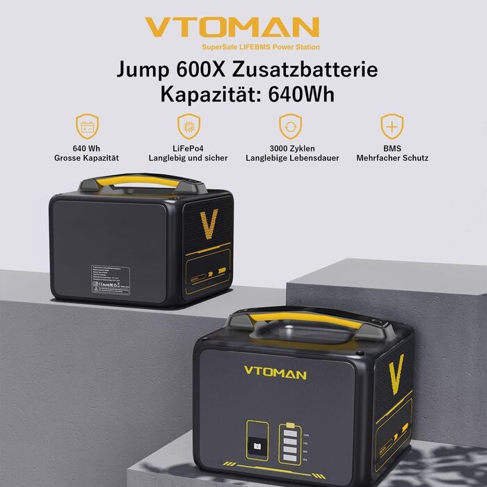 Додатковий акумулятор VTOMAN Jump 600X ємністю 640 Втгод - розширювальний акумулятор LiFePO4 для портативної електростанції Jump 600X, ємність якого можна розширити до 939 Втгод для кемпінгу, подорожей, проживання в автофургоні, надзвичайних ситуацій, від