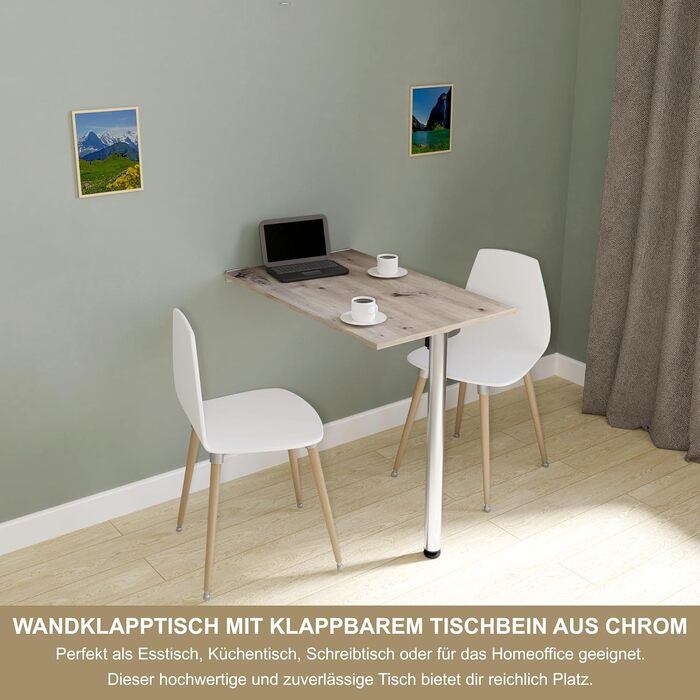 Настінний розкладний стіл KDR 80x50 см, сучковатий дуб розкладний стіл з хромованою ніжкою для настінного монтажу як обідній, письмовий або кухонний стіл висота 74 см