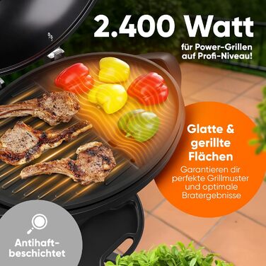 Електричний гриль ProfiCook 2в1 (настільний/підлоговий) для дому та вулиці, 2400 Вт, без диму, з індикатором температури та професійною гриль-платформою, чорний матовий, PC BQS 1303