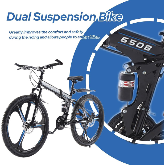 Дюймовий складний гірський велосипед, 21-швидкісна коробка передач Shimano, гірський велосипед з подвійною підвіскою, легка рама, гірський велосипед для чоловіків та жінок, складний спортивний велосипед для дорослих, чорно-синій, 27,5-