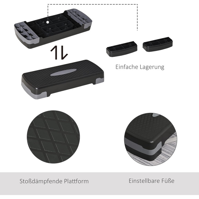 Степер HOMCOM Аеробний степер з 2 рівнями регулювання висоти 10-15 см, нековзний фітнес-степер, міні-степер для домашнього офісу, чорний сірий